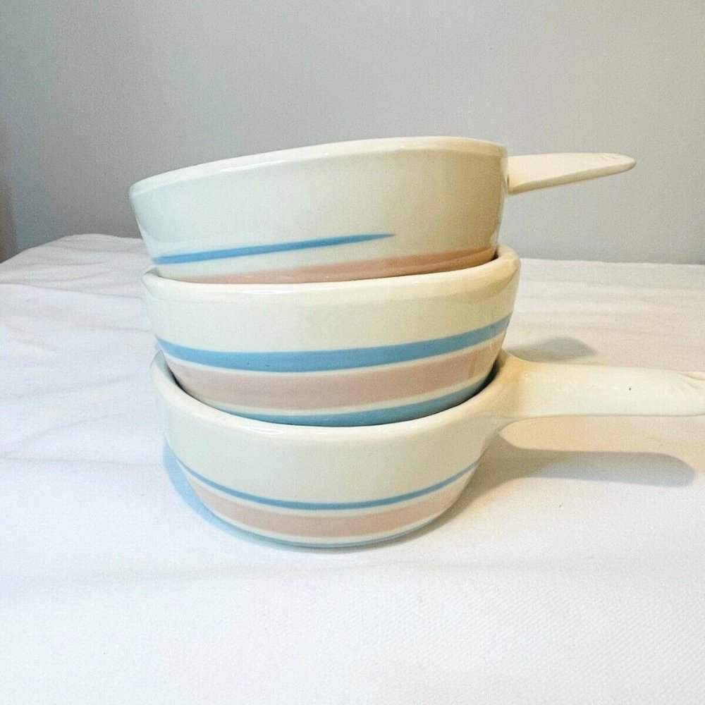 Vintage McCoy Pink & Blue Stripe French Onion Soup Bowl 1970s set of 3 Cottage - Picture 1 of 5